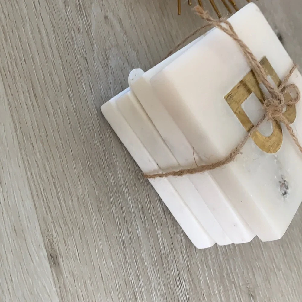 “B” West Elm Set 4 Marble Coasters gold monogram